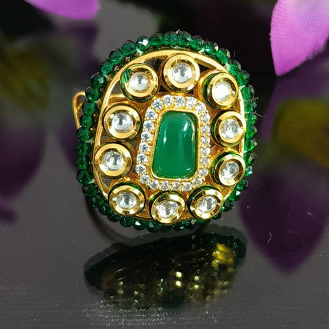 Designer Gold Plated Royal Kundan and Green Emerald Beaded Ring (Design 141)