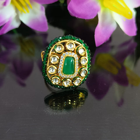 Designer Gold Plated Royal Kundan and Green Emerald Beaded Ring (Design 141)
