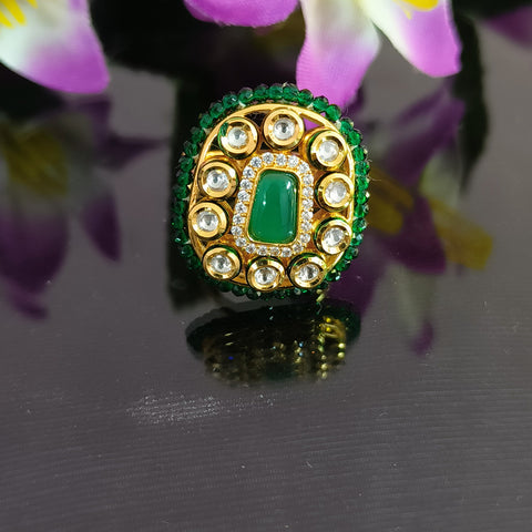 Designer Gold Plated Royal Kundan and Green Emerald Beaded Ring (Design 141)