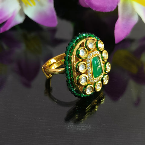 Designer Gold Plated Royal Kundan and Green Emerald Beaded Ring (Design 141)