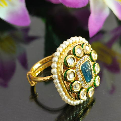 Designer Gold Plated Royal Kundan and Blue Sapphire Beaded Ring (Design 142)