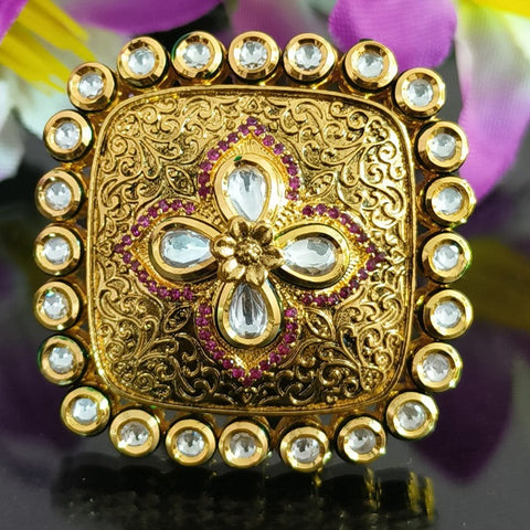 Designer Gold Plated Royal Kundan and Ruby Beaded Ring (Design 149)