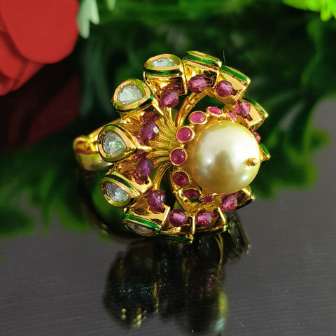 Designer Gold Plated Royal Kundan & Ruby Beaded Ring (Design 135)