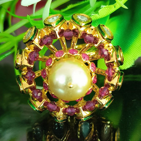 Designer Gold Plated Royal Kundan & Ruby Beaded Ring (Design 135)