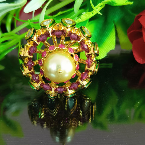 Designer Gold Plated Royal Kundan & Ruby Beaded Ring (Design 135)