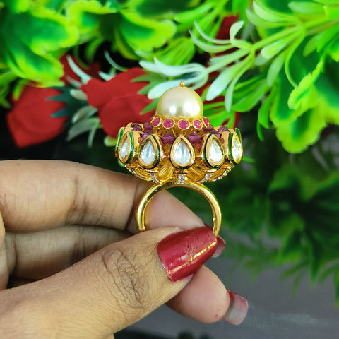 Designer Gold Plated Royal Kundan & Ruby Beaded Ring (Design 135)