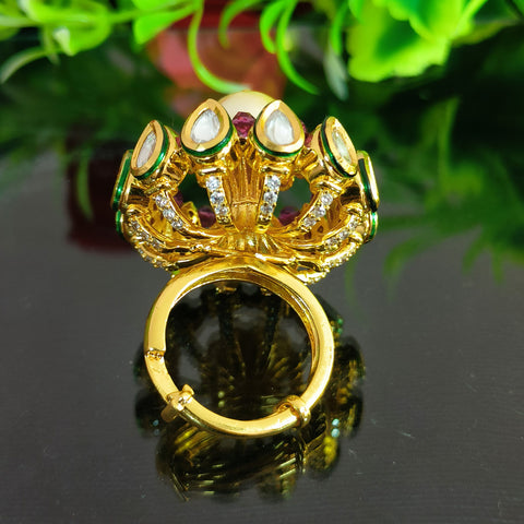 Designer Gold Plated Royal Kundan & Ruby Beaded Ring (Design 135)