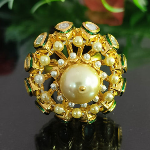 Designer Gold Plated Royal Kundan and Pearl Beaded Ring (Design 136)