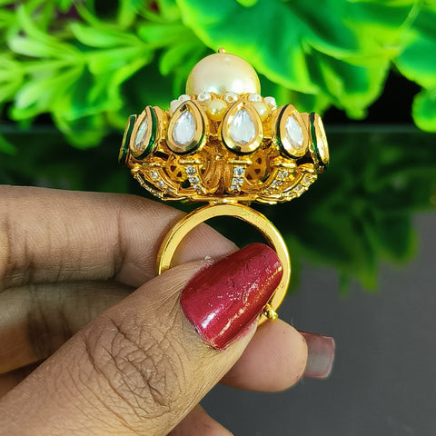 Designer Gold Plated Royal Kundan and Pearl Beaded Ring (Design 136)