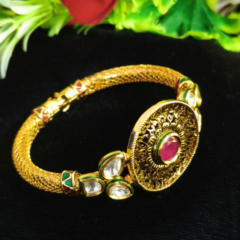 Designer Gold Plated Royal Kundan & Ruby Openable Bracelet (Design 110)