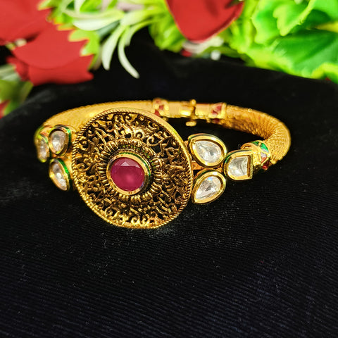 Designer Gold Plated Royal Kundan & Ruby Openable Bracelet (Design 110)