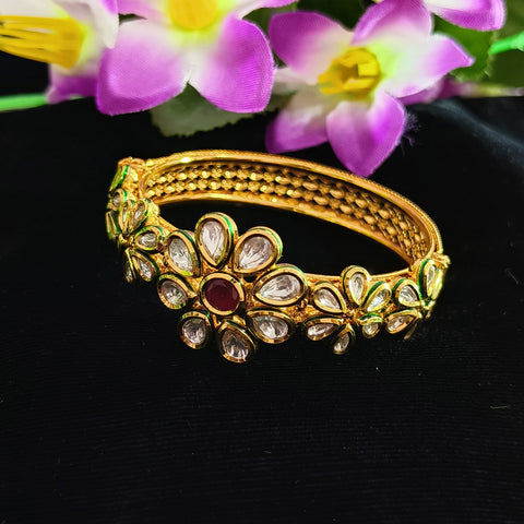 Designer Gold Plated Royal Kundan & Ruby Openable Bracelet (Design 109)