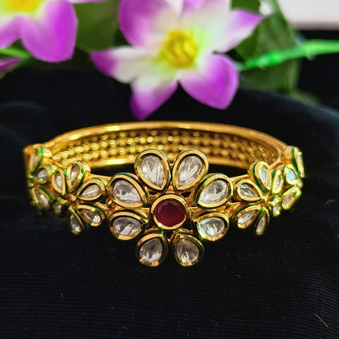 Designer Gold Plated Royal Kundan & Ruby Openable Bracelet (Design 109)