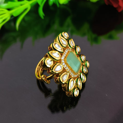 Designer Gold Plated Royal Kundan and Mint Green Beaded Ring (Design 140)