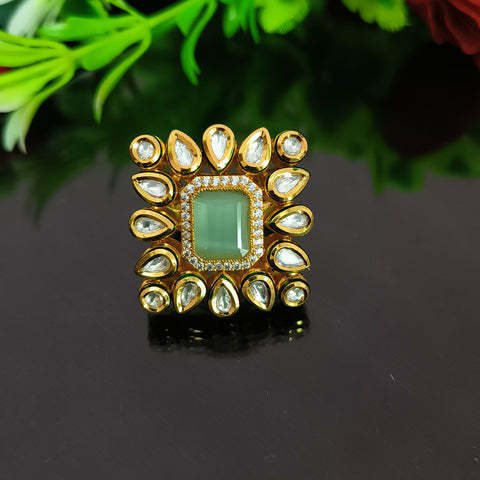 Designer Gold Plated Royal Kundan and Mint Green Beaded Ring (Design 140)