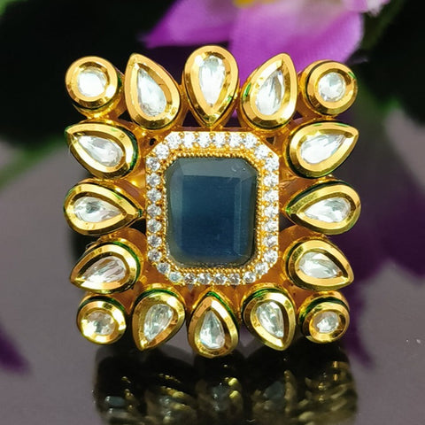 Designer Gold Plated Royal Kundan and Blue Sapphire Beaded Ring (Design 137)