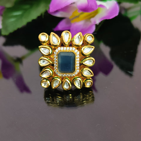 Designer Gold Plated Royal Kundan and Blue Sapphire Beaded Ring (Design 137)