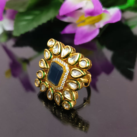 Designer Gold Plated Royal Kundan and Blue Sapphire Beaded Ring (Design 137)