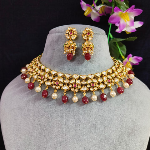 Designer Gold Plated Royal Kundan & Ruby Necklace with Earrings (D434)