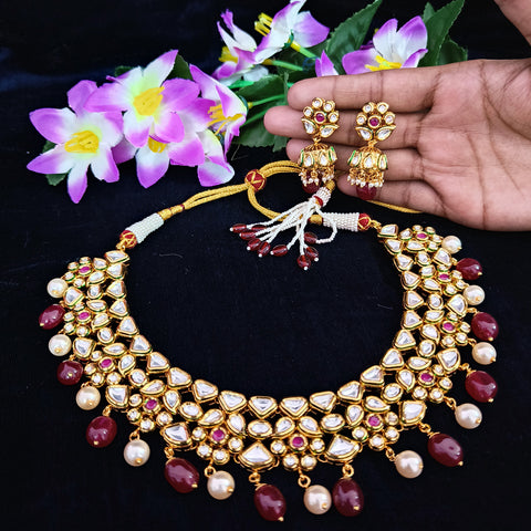 Designer Gold Plated Royal Kundan & Ruby Necklace with Earrings (D434)