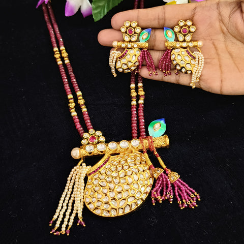 Designer Gold Plated Royal Kundan, Ruby & Beads Pendant Set (D436)