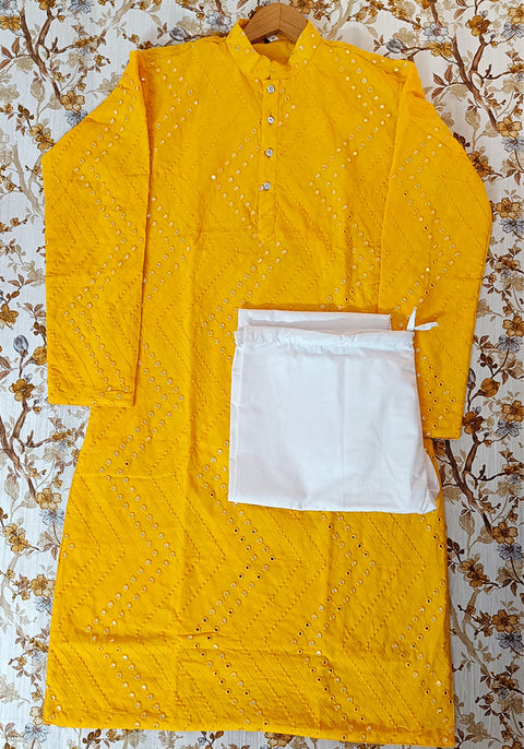 Men's Designer Cotton Kurta Pajama in Yellow Color (D77)
