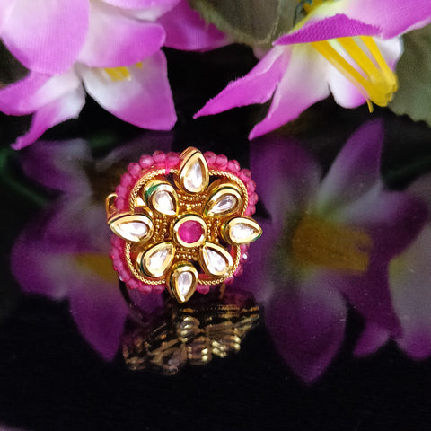 Designer Gold Plated White & Red Kundan Beaded Ring (Design 84)