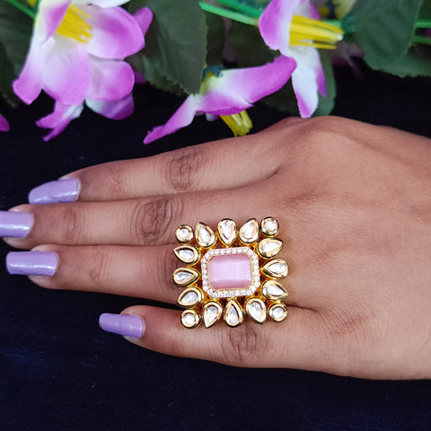 Designer Gold Plated Royal Kundan and Pink Beaded Ring (Design 139)
