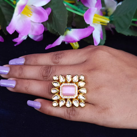 Designer Gold Plated Royal Kundan and Pink Beaded Ring (Design 139)