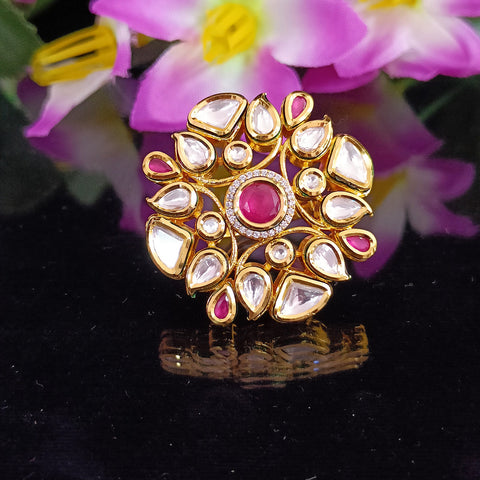 Designer Gold Plated Royal Kundan and Ruby Red Beaded Ring (Design 162)