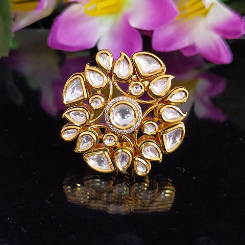 Designer Gold Plated Royal Kundan Beaded Ring (Design 164)