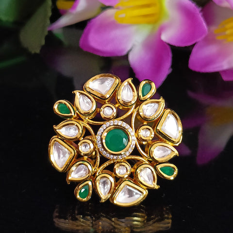 Designer Gold Plated Royal Kundan and Green Emerald Beaded Ring (Design 163)