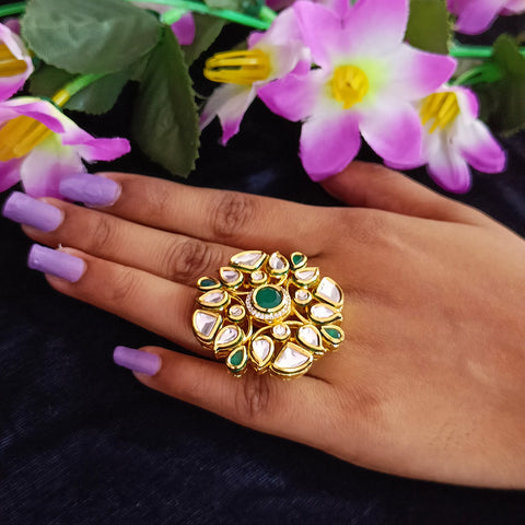 Designer Gold Plated Royal Kundan and Green Emerald Beaded Ring (Design 163)