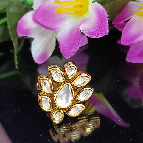 Designer Gold Plated Royal Kundan Beaded Ring (Design 169)