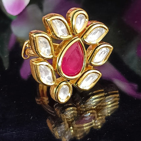 Designer Gold Plated Royal Kundan and Ruby Red Beaded Ring (Design 168)