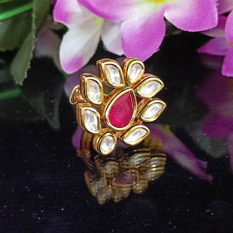 Designer Gold Plated Royal Kundan and Ruby Red Beaded Ring (Design 168)