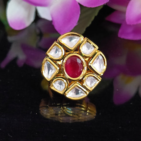Designer Gold Plated Royal Kundan and Ruby Beaded Ring (Design 150)