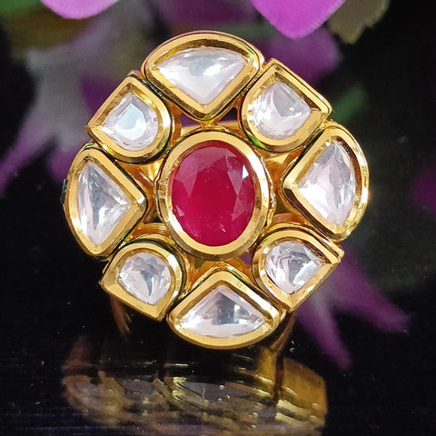 Designer Gold Plated Royal Kundan and Ruby Beaded Ring (Design 150)