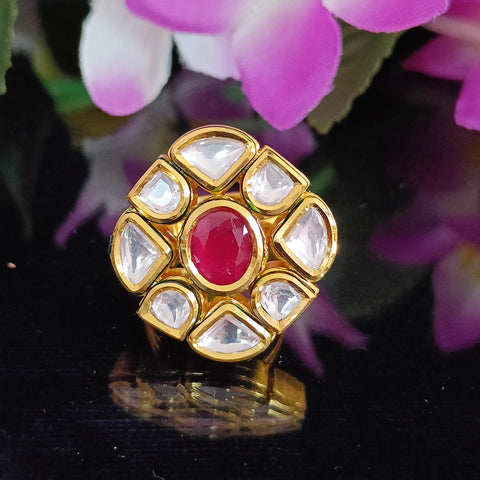 Designer Gold Plated Royal Kundan and Ruby Beaded Ring (Design 150)