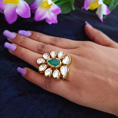 Designer Gold Plated Royal Kundan and Green Emerald Beaded Ring (Design 154)