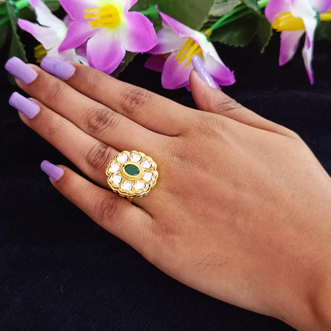 Designer Gold Plated Royal Kundan and Green Emerald Beaded Ring (Design 167)
