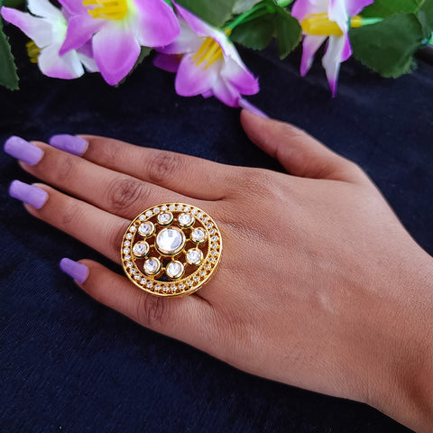 Designer Gold Plated Royal Kundan Beaded Ring (Design 120)
