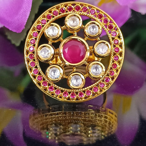 Designer Gold Plated Royal Kundan & Ruby Beaded Ring (Design 119)