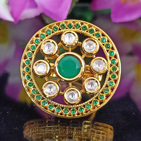 Designer Gold Plated Royal Kundan and Green Emerald Beaded Ring (Design 172)