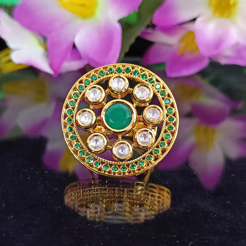 Designer Gold Plated Royal Kundan and Green Emerald Beaded Ring (Design 172)