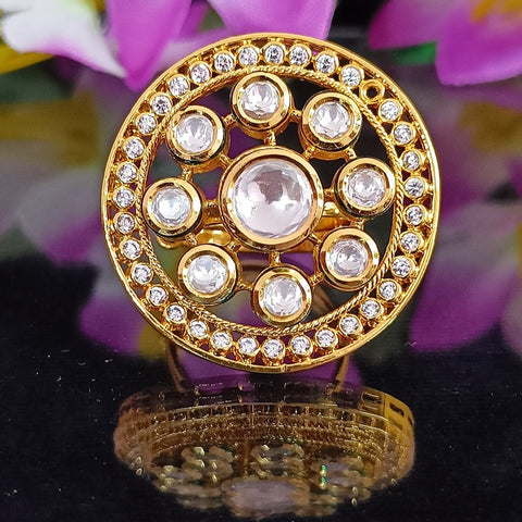 Designer Gold Plated Royal Kundan Beaded Ring (Design 120)