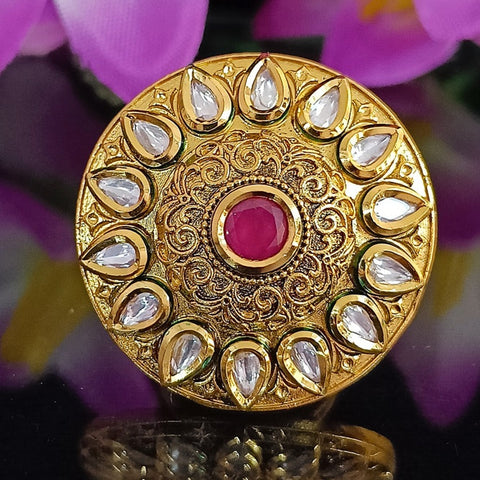 Designer Gold Plated Royal Kundan and Ruby Red Beaded Ring (Design 155)