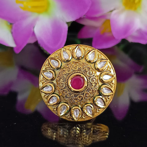Designer Gold Plated Royal Kundan and Ruby Red Beaded Ring (Design 155)