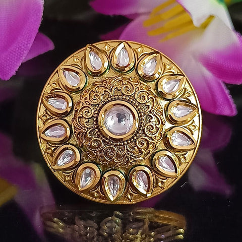 Designer Gold Plated Royal Kundan Beaded Ring (Design 156)