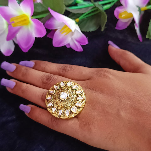 Designer Gold Plated Royal Kundan Beaded Ring (Design 156)